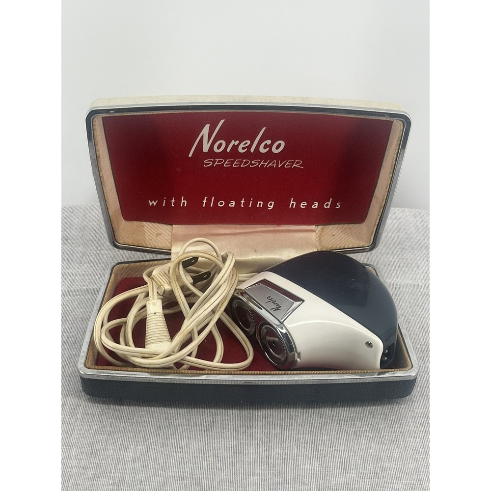 Vintage Norelco Speedshaver Floating Heads Electric Razor with Case Navy White